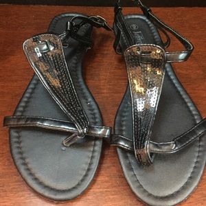 Black sequin sling back sandals.